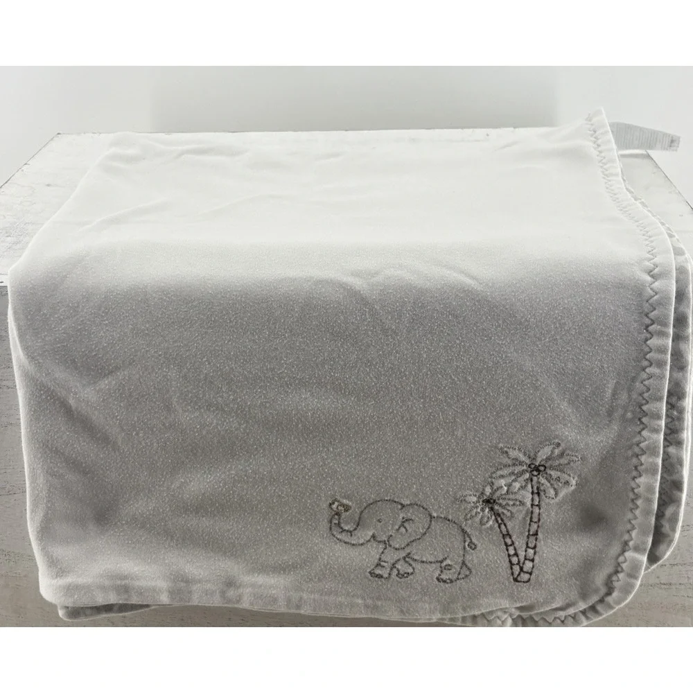 Just Born Animal Kingdom Reversible Baby Blanket Gray White Elephant Embroidery